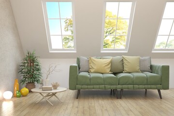 White living room with sofa and summer landscape in window. Scandinavian interior design. 3D illustration