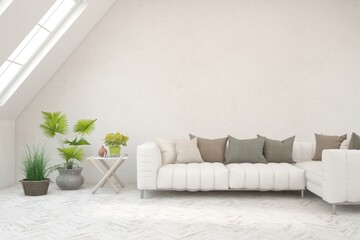 White living room with sofa. Scandinavian interior design. 3D illustration