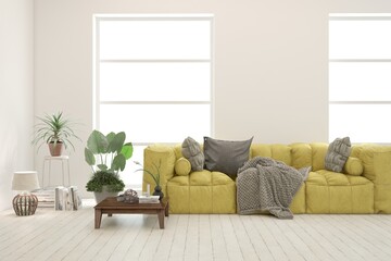 White living room with sofa. Scandinavian interior design. 3D illustration