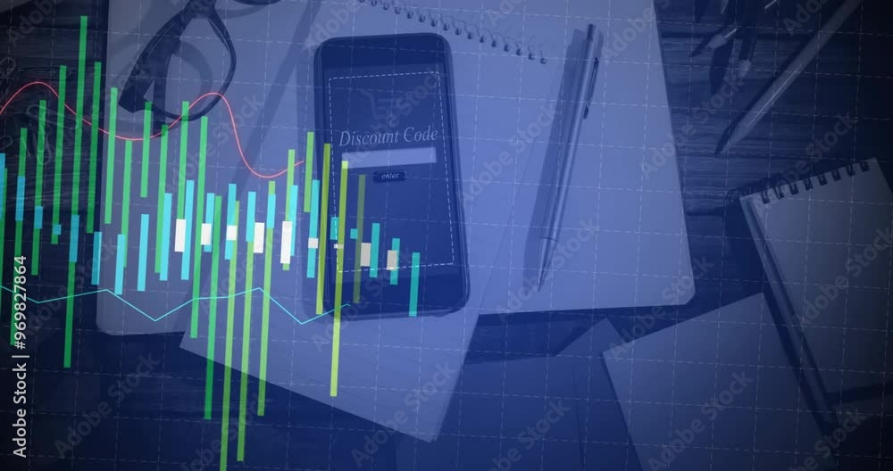 Poster financial chart animation over smartphone with discount code text on desk