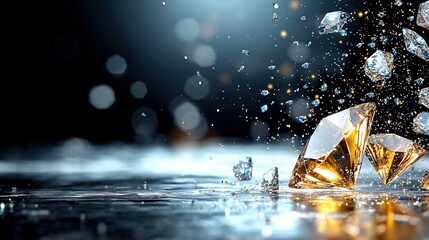   Close-up of a diamond on a dark background, with water droplets below