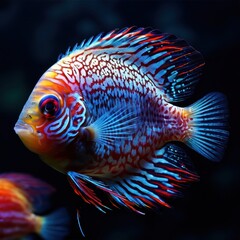 A vibrant, colorful fish with intricate patterns swimming in a dark aquatic environment.