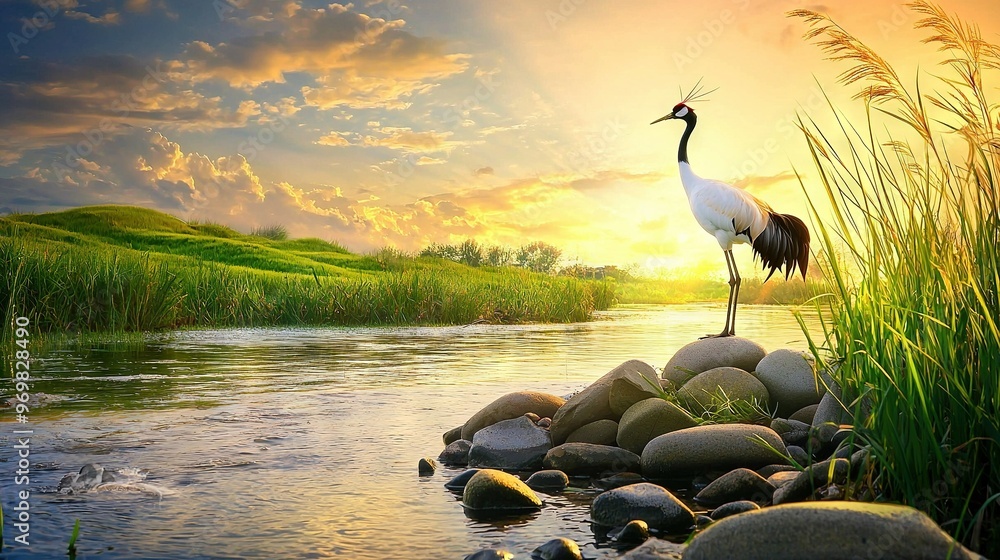 Canvas Prints   A painting depicts a crane perched on a rock overlooking a tranquil body of water as the sun sets in the background