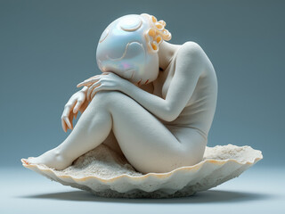 Cancer Zodiac Sculpture Featuring a Female Figure with a Pearl Shell Head