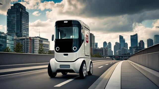 A futuristic delivery robot navigates a busy urban landscape, showcasing innovation and modern city infrastructure