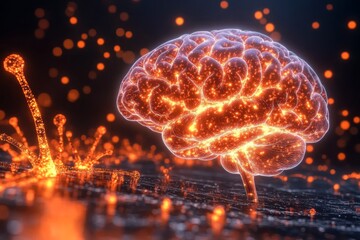 Fototapeta premium Synaptogenesis artificial intelligence neurocognition neuromechanics and reticular formation transparent brain glowing with orange neural connections in an abstract design