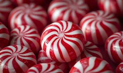 Red and White Swirl Peppermint Candies Arranged Neatly on a Bright Background for Festive Enjoyment