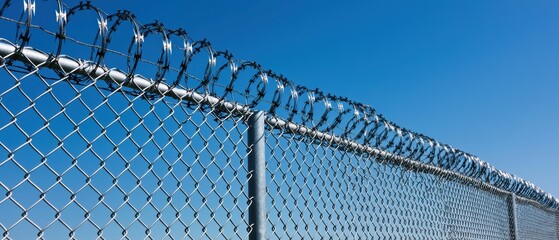 Barbed wire fence stretching under a clear blue sky, showcasing a secure boundary with metal wires and sharp edges. Ideal for concepts related to security, boundaries, and protection.