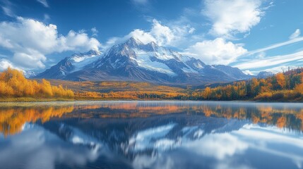 Obraz premium Mountain Range Reflected in Still Water With Autumn Foliage