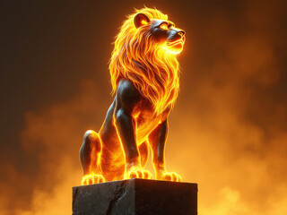 Leo Zodiac Lion Sculpture with Glowing Mane and Fiery Paws on a Pedestal