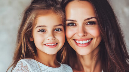 Fototapeta premium Close-up portrait of a happy mother and daughter smiling together. Captures their joyful bond and natural beauty. Perfect for family, lifestyle, or health themes