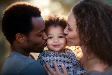 Obraz premium Multiracial family is sharing a tender moment kissing their young daughter on the cheeks