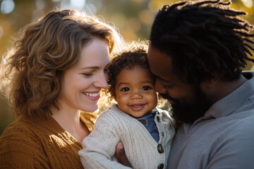 Multiracial family is sharing a tender moment together outdoors