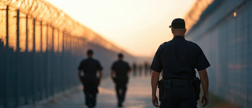 Prison guards walk along a fenced pathway during sunset, showcasing a secured correctional facility. The image highlights the serious atmosphere of security and law enforcement.