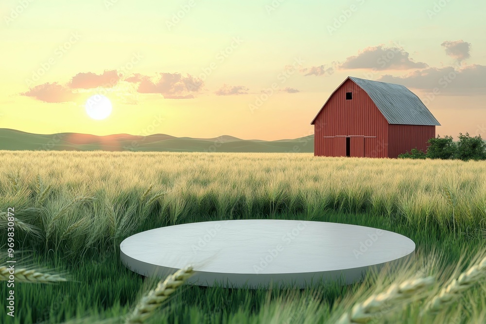 Aufkleber sunlit wheat field with a distant barn in 3d rendered minimalist style with empty circle podium.