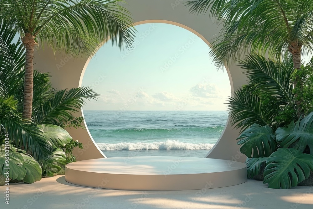 Aufkleber tropical beach with palm trees and calm waves in 3d rendered minimalist style with empty circle podi