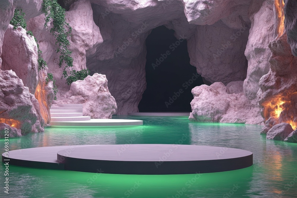 Poster underground cave with stalactites and glowing pools in 3d rendered minimalist style with empty circl