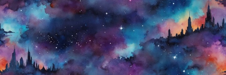 Naklejka premium Seamless Skyline Pattern with Cloudy Starry Night Sky at Sunset in Poetic Shades of Blue, Purple, and Yellow – Ideal for Artistic Backgrounds and Urban-Themed Digital Projects