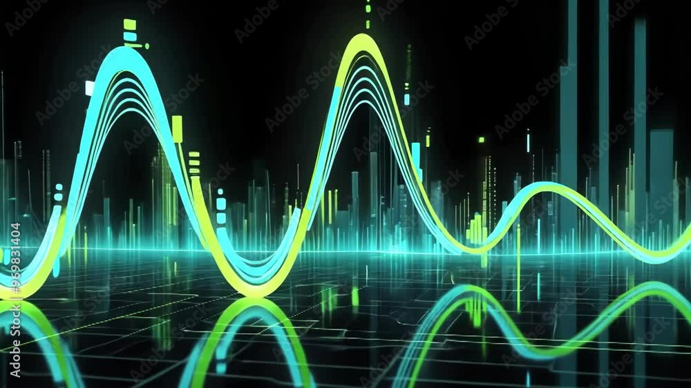 Poster a vibrant digital visualization of sound waves, showcasing dynamic motion and modern graphical aesth
