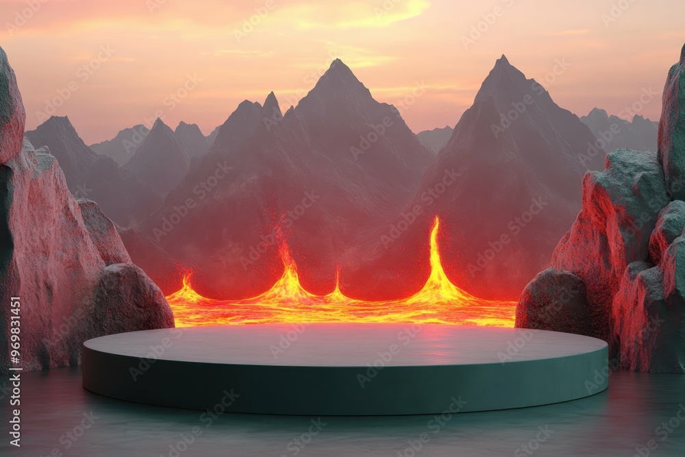 Poster volcanic landscape with glowing lava in 3d rendered minimalist style with empty circle podium.