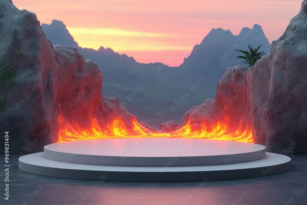 Poster volcanic landscape with glowing lava in 3d rendered minimalist style with empty circle podium.