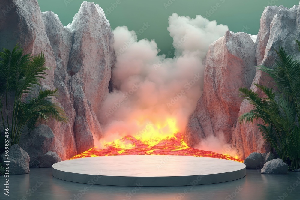 Poster volcanic landscape with glowing lava in 3d rendered minimalist style with empty circle podium.