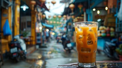 A refreshing iced drink in a vibrant street scene, showcasing urban life and local culture in a unique setting.