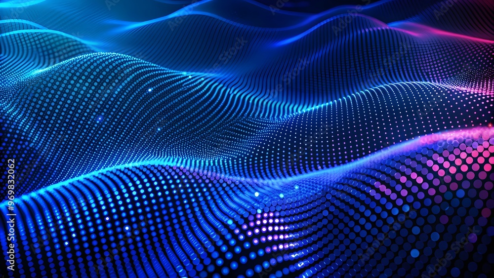 Poster digital purple particles wave and light abstract background with shining dots stars. futuristic wave
