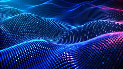 Digital purple particles wave and light abstract background with shining dots stars. Futuristic wave on dark background. Colored pattern of connection dots and lines. Technology Banner. 3D Widescreen