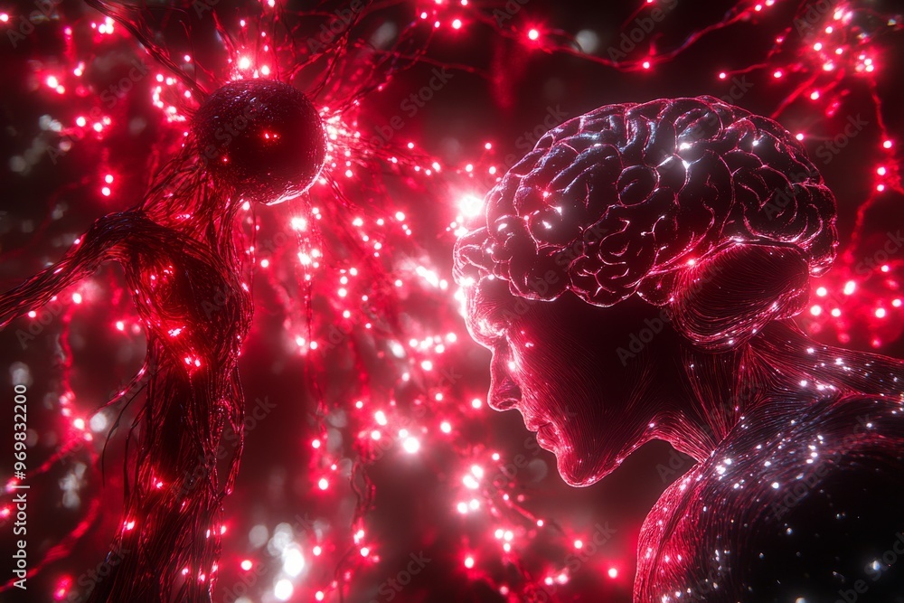 Poster neuroprosthetics brain anatomy brainwave biofeedback and deep learning womans glowing brain with neu