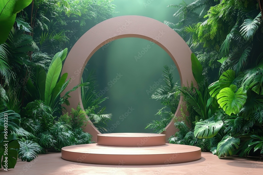 Poster a misty jungle with dense foliage in 3d rendered minimalist style with empty circle podium.