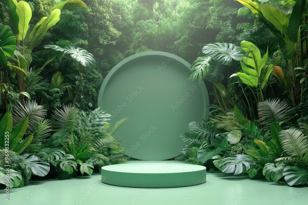Aufkleber a misty jungle with dense foliage in 3d rendered minimalist style with empty circle podium.