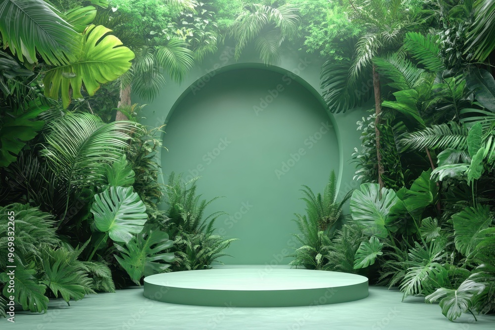 Aufkleber a misty jungle with dense foliage in 3d rendered minimalist style with empty circle podium.