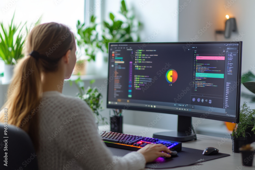 Poster software developer writing code on computer in comfortable office at home