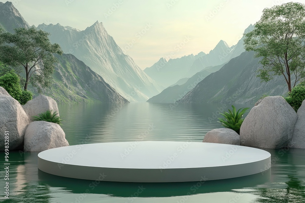 Poster a serene lake surrounded by mountains in 3d rendered minimalist style with empty circle podium.