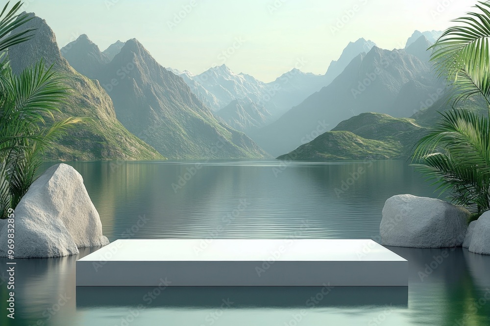 Poster a serene lake surrounded by mountains in 3d rendered minimalist style with empty circle podium.