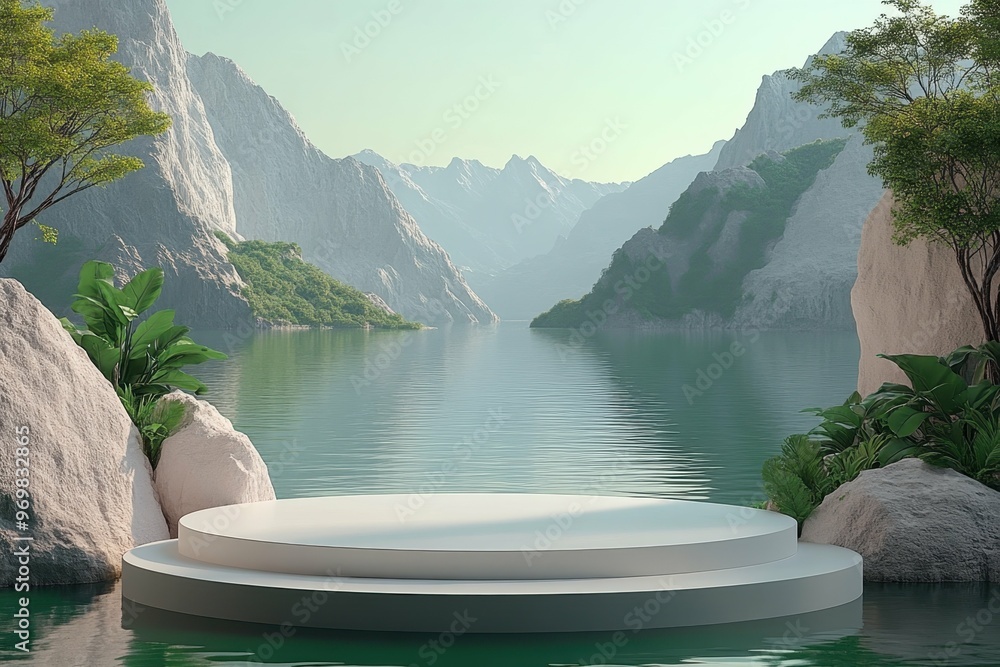 Poster a serene lake surrounded by mountains in 3d rendered minimalist style with empty circle podium.