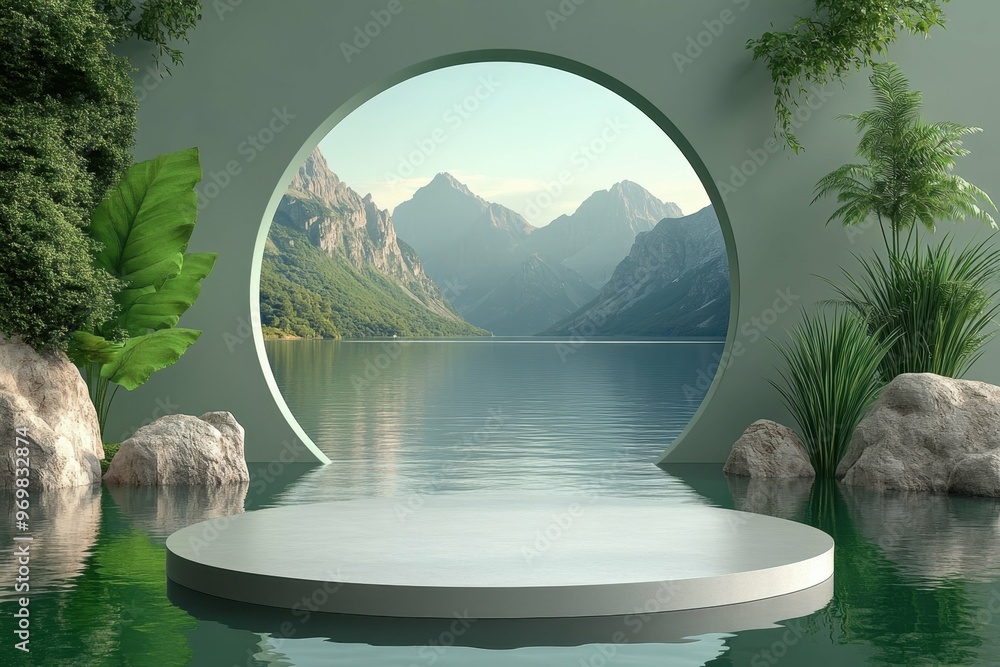 Poster a serene lake surrounded by mountains in 3d rendered minimalist style with empty circle podium.