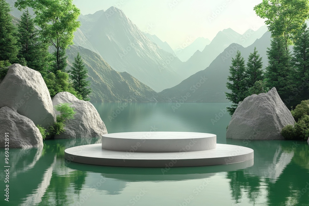 Aufkleber a serene lake surrounded by mountains in 3d rendered minimalist style with empty circle podium.