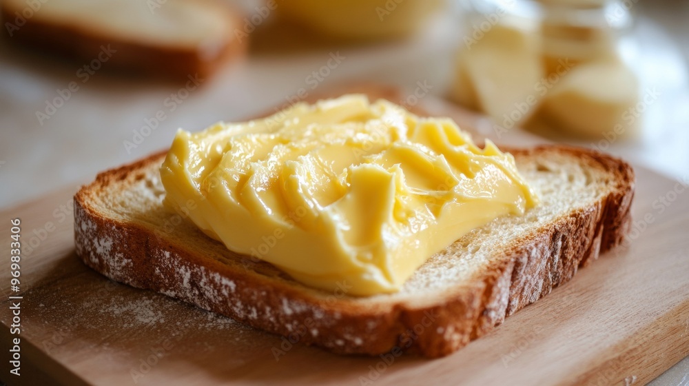 Wall mural A slice of bread with a spread of yellow butter on top