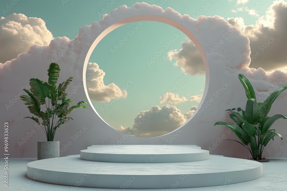 Poster abstract cloud formations in a clear sky in 3d rendered minimalist style with empty circle podium.