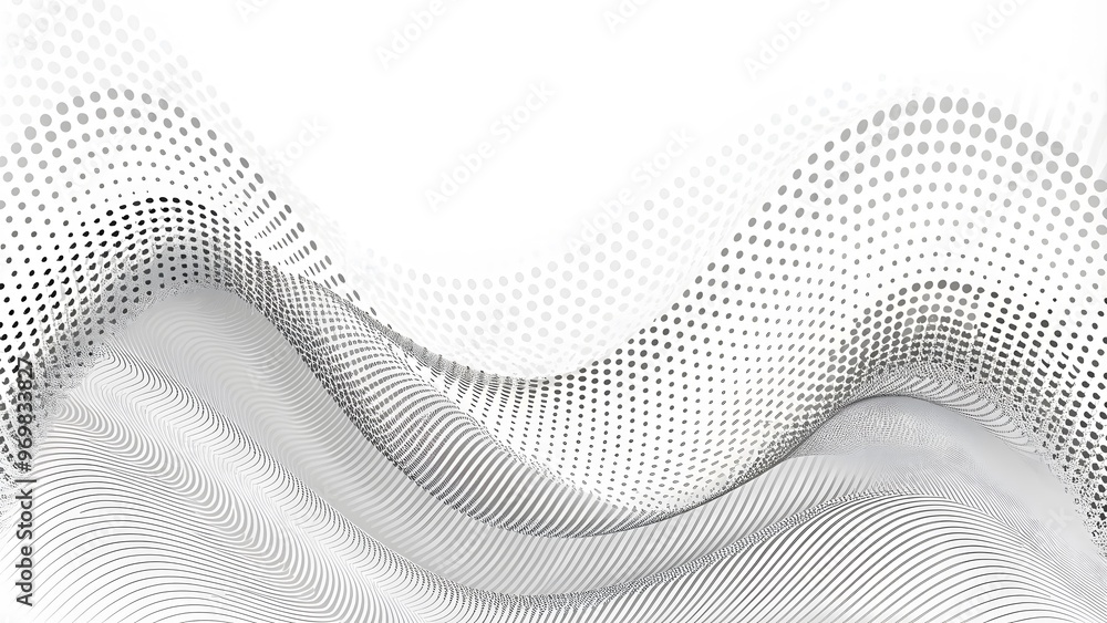 Poster Dynamic wave with connected dots and lines on a white background. Digital wave background, Abstract technology background. Big data visualization. 3D rendering. Abstract technology wave of particles