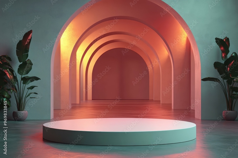Poster abstract infinite corridor with glowing lines in 3d rendered minimalist style with empty circle podi