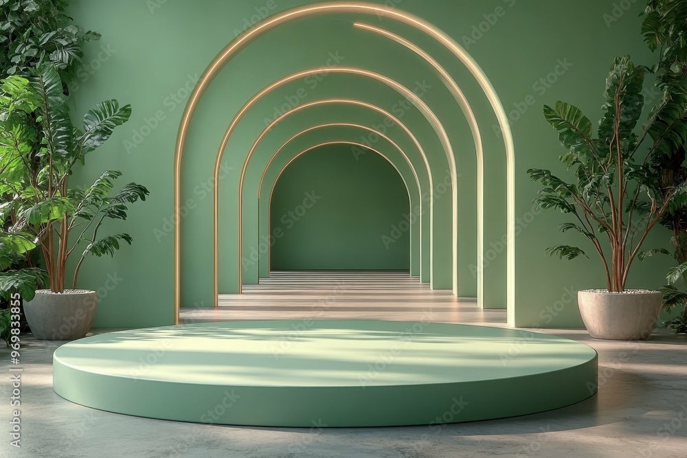 Aufkleber abstract infinite corridor with glowing lines in 3d rendered minimalist style with empty circle podi