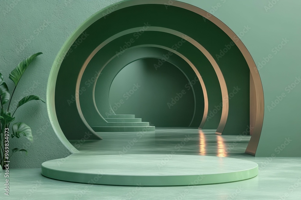 Aufkleber green display setup. modern minimalistic empty stage platform with circular arch entrance, futuristi