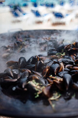 Fresh Cooked Mussels in Herbs Close-up