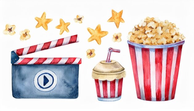 Watercolor hand painted Movie Night set. Cinematography, shooting, stars, ticket, popcorn, movies. Illustration isolated on white background. Use it for postcards, invitations, and scrapbooking.