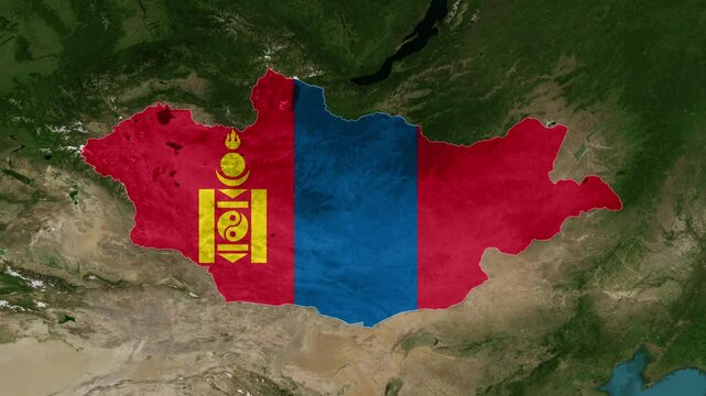 Zoom from Earth to Mongolia. (Country Flag) World map animation with highlighted borders of countries. Images from NASA