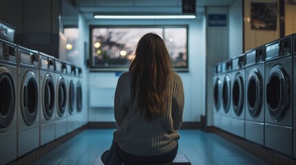 A woman sitting quietly near washing machines in a dimly lit laundromat during the evening hours