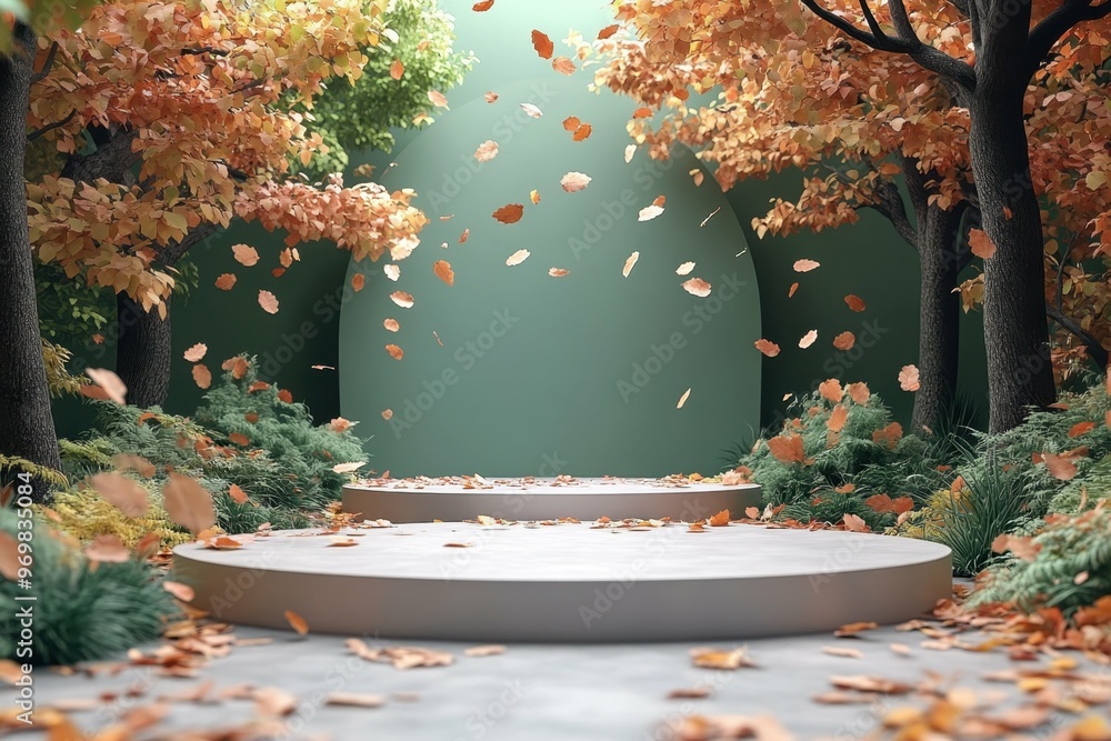 Poster autumn forest with falling leaves in 3d rendered minimalist style with empty circle podium.